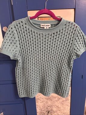 DKNY Jeans Teal Open-Knit Short Sleeve Sweater Top